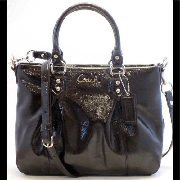 $198 Authentic Ashley Coach Brown Patent Leather Convertible Crossbody Satchel - Picture 4 of 8